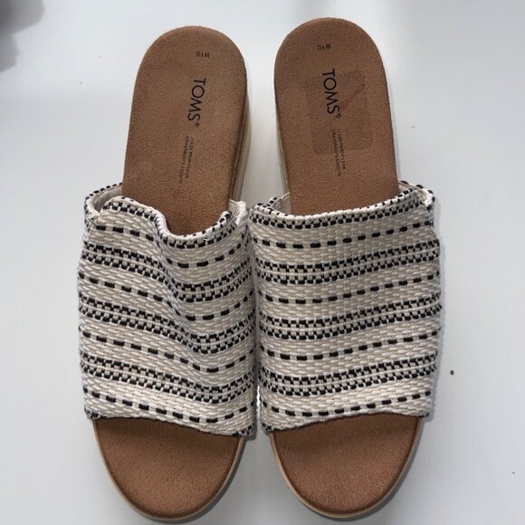 Toms Womens Wedge Sandals Espadrille W10 Striped Pattern Ivory & Black Slip-On - Picture 4 of 10
